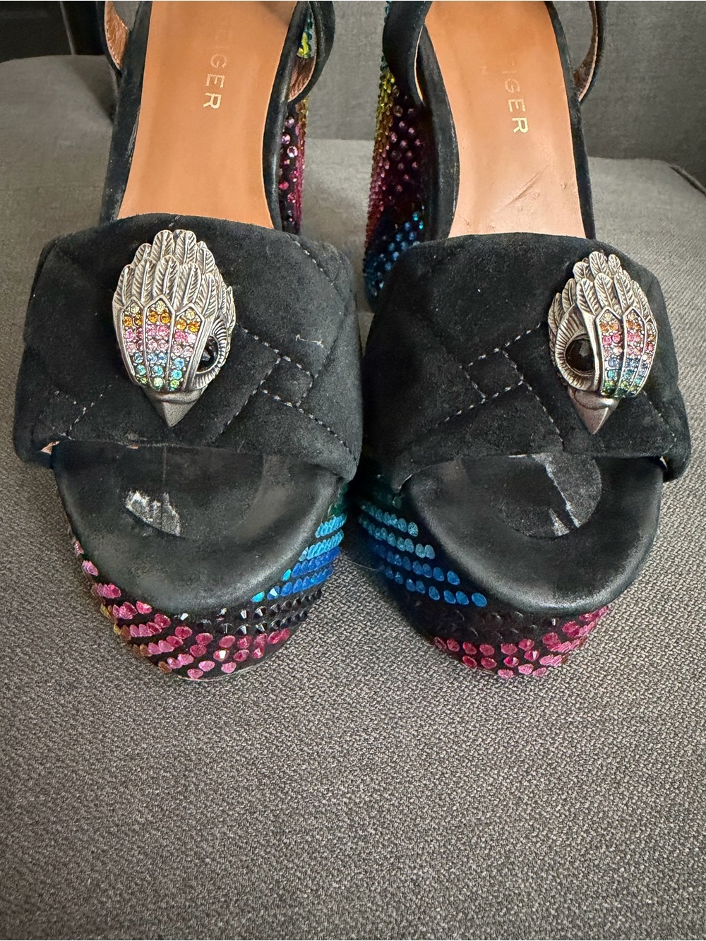 Kurt Geiger Black Suede Platform Sandals with Multicolor Rainbow Crystal Heel - Picture 3 of 7